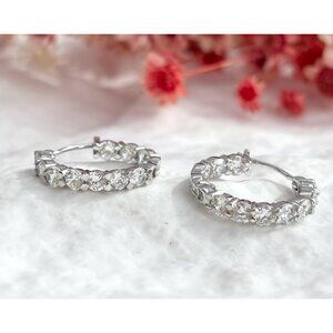 Cubic Zirconia Gemstone Accented Hoop Vintage Sterling Silver 925 Earrings